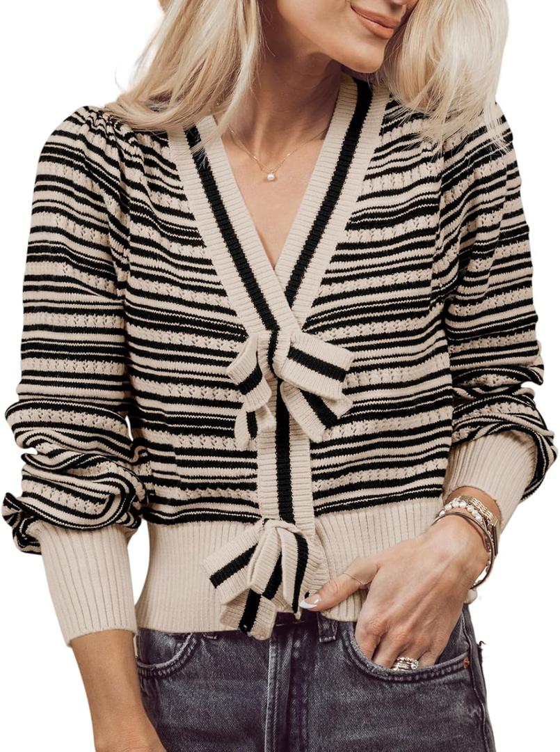 Saodimallsu Womens Striped Cropped Sweaters V Neck Cute Bow Tie Puff Sleeve Loose Knit Trendy Pullover Sweater (Small, Apricot)