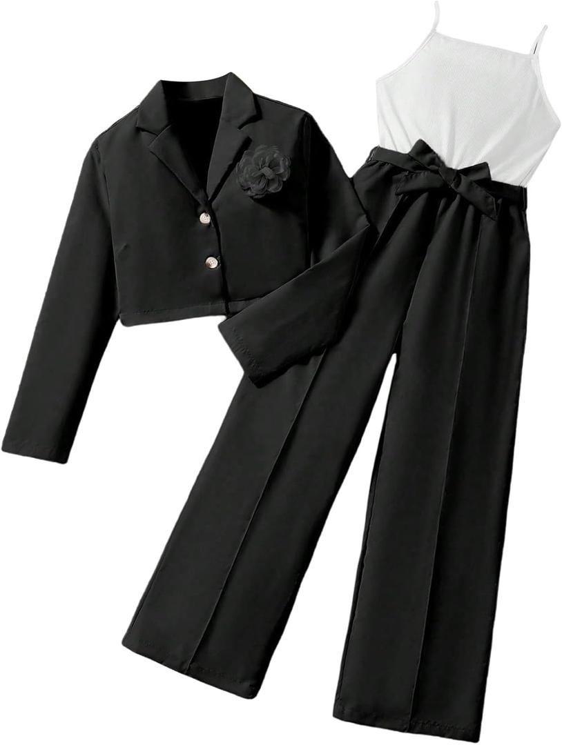 OYOANGLE Girl's 2 Piece Outfit Sleeveless Belted Pants Romper and 3D Floral Crop Suit Jacket (Black White)