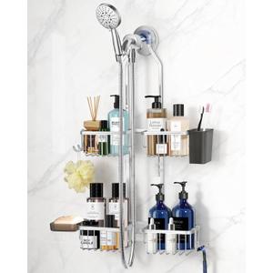 Adjustable Shower Caddy Hanging for Handheld Showerheads - Upgraded Never Rust Shower Hanging Organizer, Bathroom Shower Rack with Soap Basket, Hooks and Toothbrush Holder (Shiny Silver)