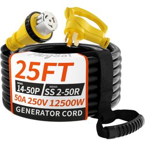 PlugSaf 50 Amp Generator Cord, 25FT 50 Amp RV Extension Cord with Twist Lock, Generator Cable 50A 4 Prong Yellow, NEMA 14-50P/SS2-50R Heavy Duty STW Wire for RV Camper & House