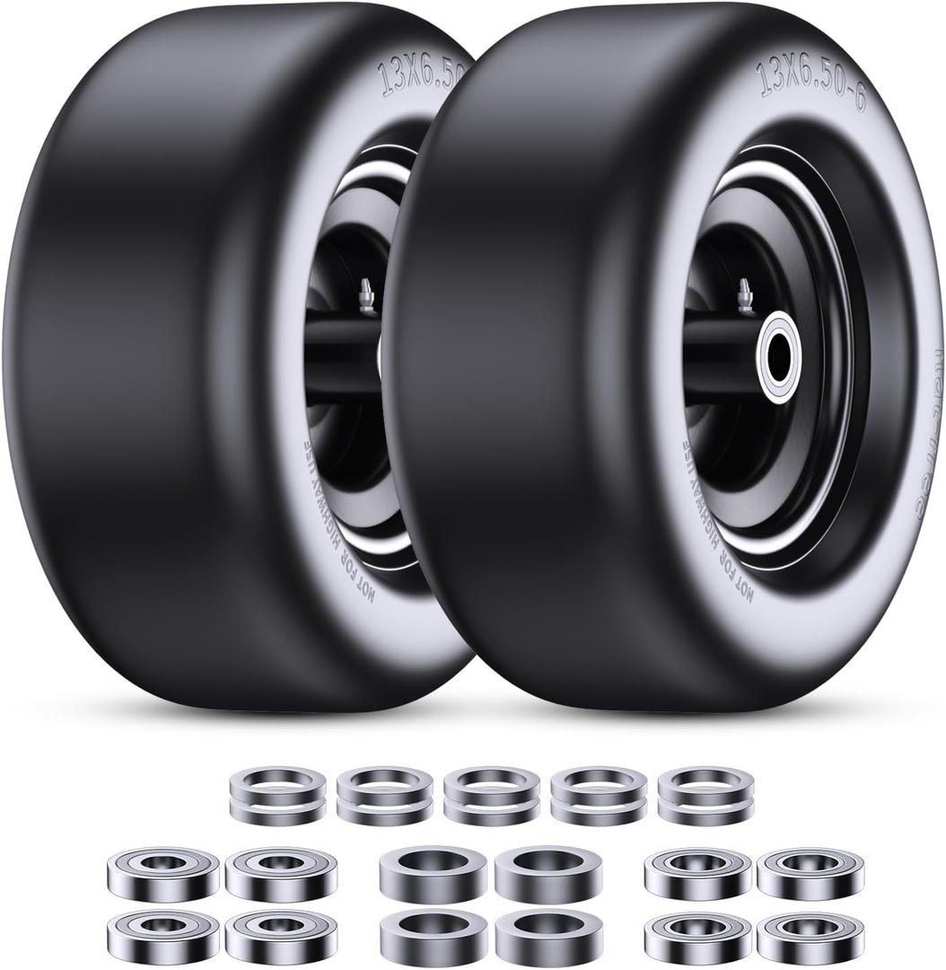 13x6.50-6" Flat Free Lawn Mower Tires, Universal Fit Solid Front Tires for Zero Turn Mowers, Adjustable Hub with 3/4" & 5/8" Bearings for Residential & Commercial Use, 2 Pack