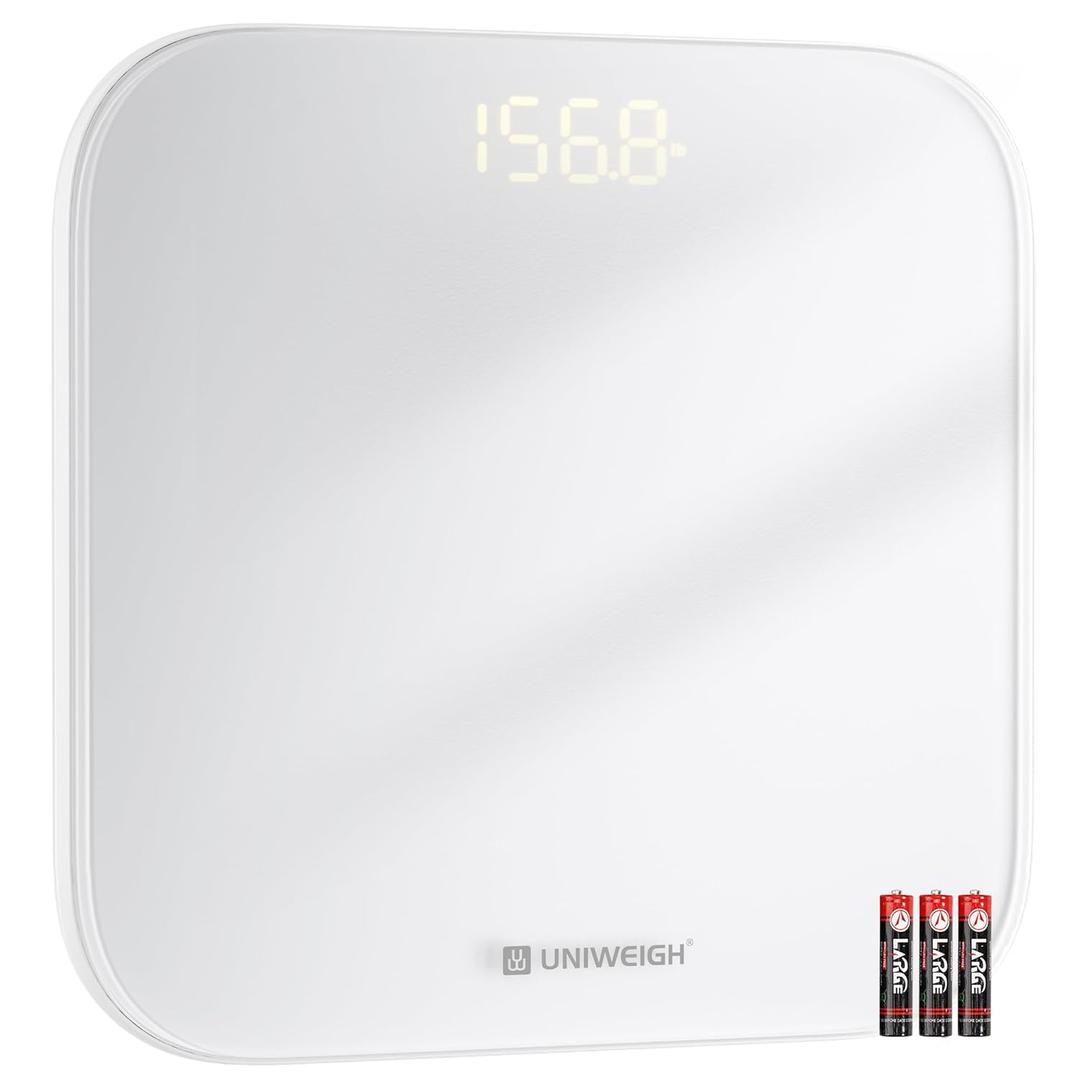 UNIWEIGH Digital Bathroom Scale for Body Weight,Accurate Weight Scale up to 440lbs,Body Scales with Sturdy Tempered Glass,with LED Display,Step-on,Compact Size,3 Units and Batteries inclued,White