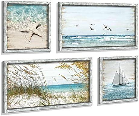 Coastal Framed Wooden Wall Art: Beach Art Ocean Prints Set of 4 Starfish Pictures Seascape Artwork for Living Room Overall 48"W x 32"H