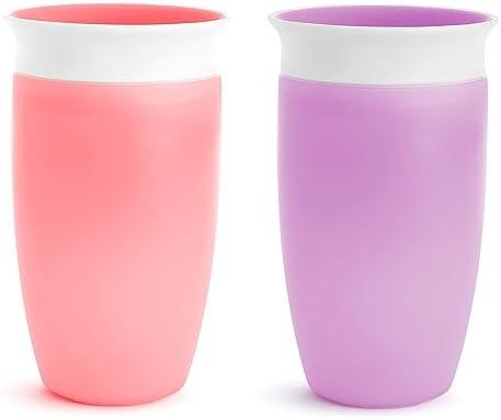 Munchkin Sippy Cups for Toddlers 1-3, Spill Proof Miracle 360 Cup, 10 Ounce, 2 Pack, Pink/Purple