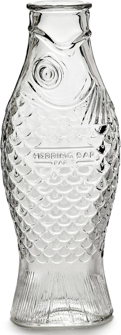 Glass Water Pitcher | Fish & Fish glassware by Paola Navone | Wine Carafe Decanter 28.74 fl oz | Clear Bottle Container for hot and cold Drinks | Beverage Dispenser for Fridge | Suitable as Vase
