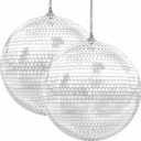 The Dreidel Company Mirror Disco Ball 8" Inch 2-Pack, Silver Hanging Ball with Attached String for Ring, Reflects Light, Fun Party Home Bands Decorations, Party Favor