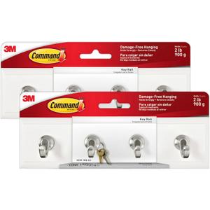 Command Key Rails, Total 2 Key Racks with 12 Command Strips, 2 Pack of 1 Rail, 4 Key Hooks on One Rail, Organize Damage-Free