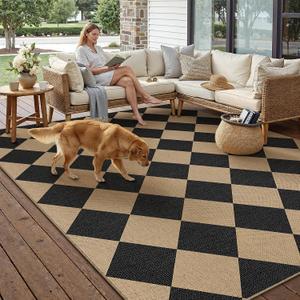 PureCozy 9x12 Checkered Easy Jute Area Rug for Living Room Large Checkerboard Washable Indoor Outdoor Carpet Farmhouse Patio Office Mat Geometric Non Slip Black Carpet for Backyard Dining Room