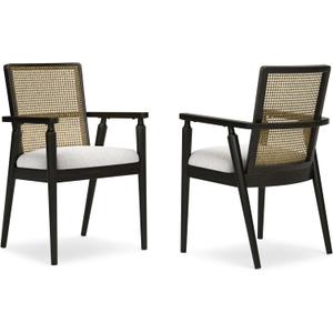 Signature Design by Ashley Galliden Rustic Solid Wood Upholstered Dining Arm Chair with Faux Cane Backrest, Set of 2, Light Brown & Black