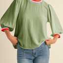 Tankaneo Womens 3/4 Sleeve Puff Tops Casual Loose Fit Patchwork Blouse Crew Neck T Shirts Tunic (L)