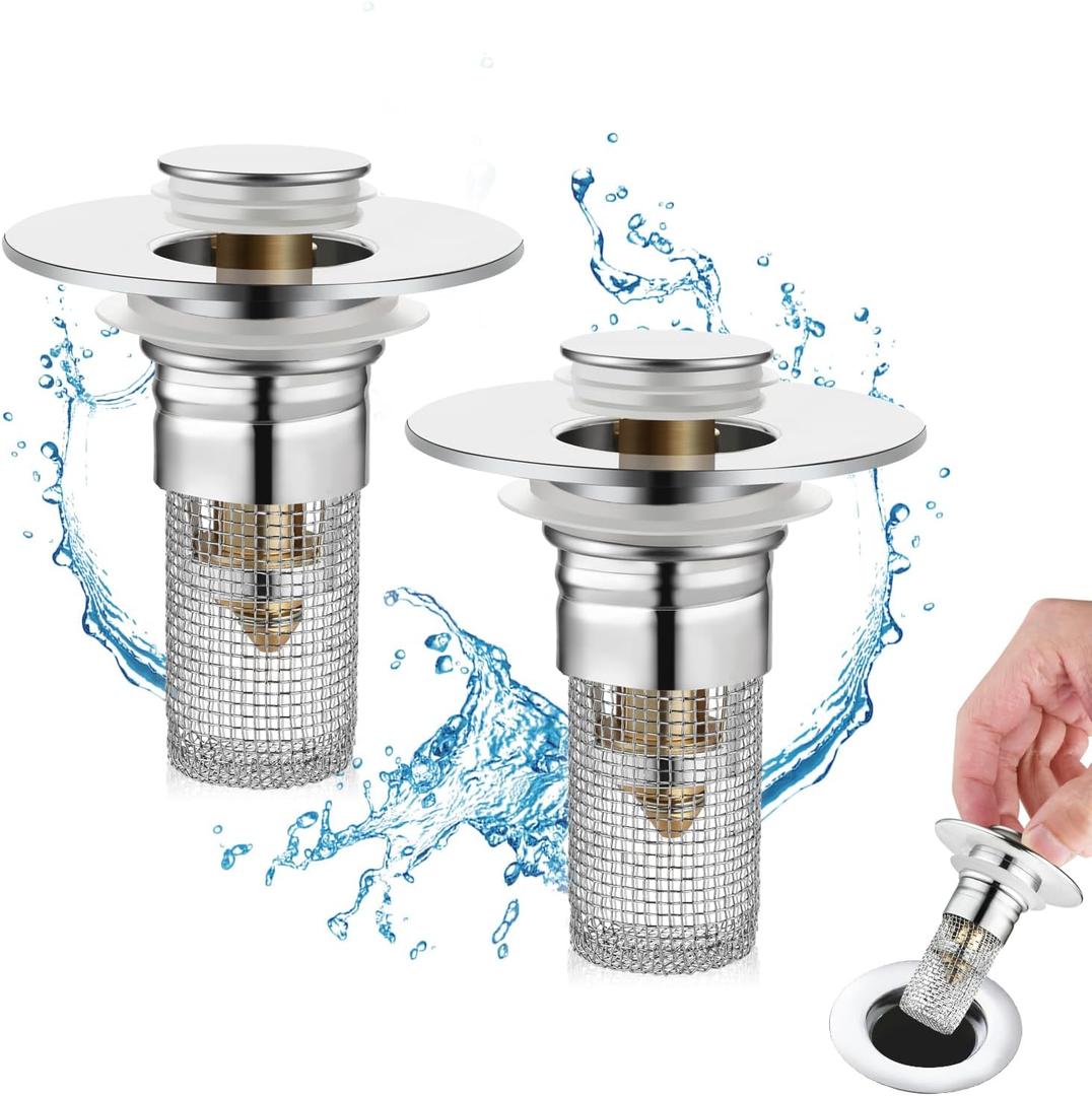 2 Pack Bathroom Sink Stopper for 1.06-1.50in, Universal Drain Filter with Hair Strainer, Universal Bathroom Sink Drain Pop Up Stopper for US Stainless Steel Floor Drain Filter