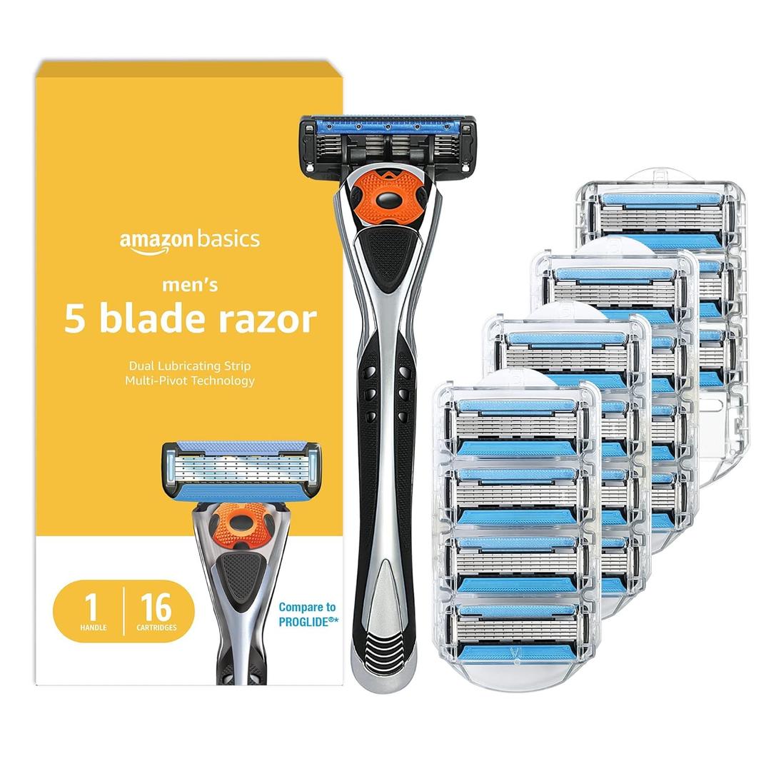 Amazon Basics 5-Blade MotionSphere Men's Razor with Dual Lubrication and Precision Trimmer, 17 Piece Set, 1 Handle & 16 Cartridges, Black