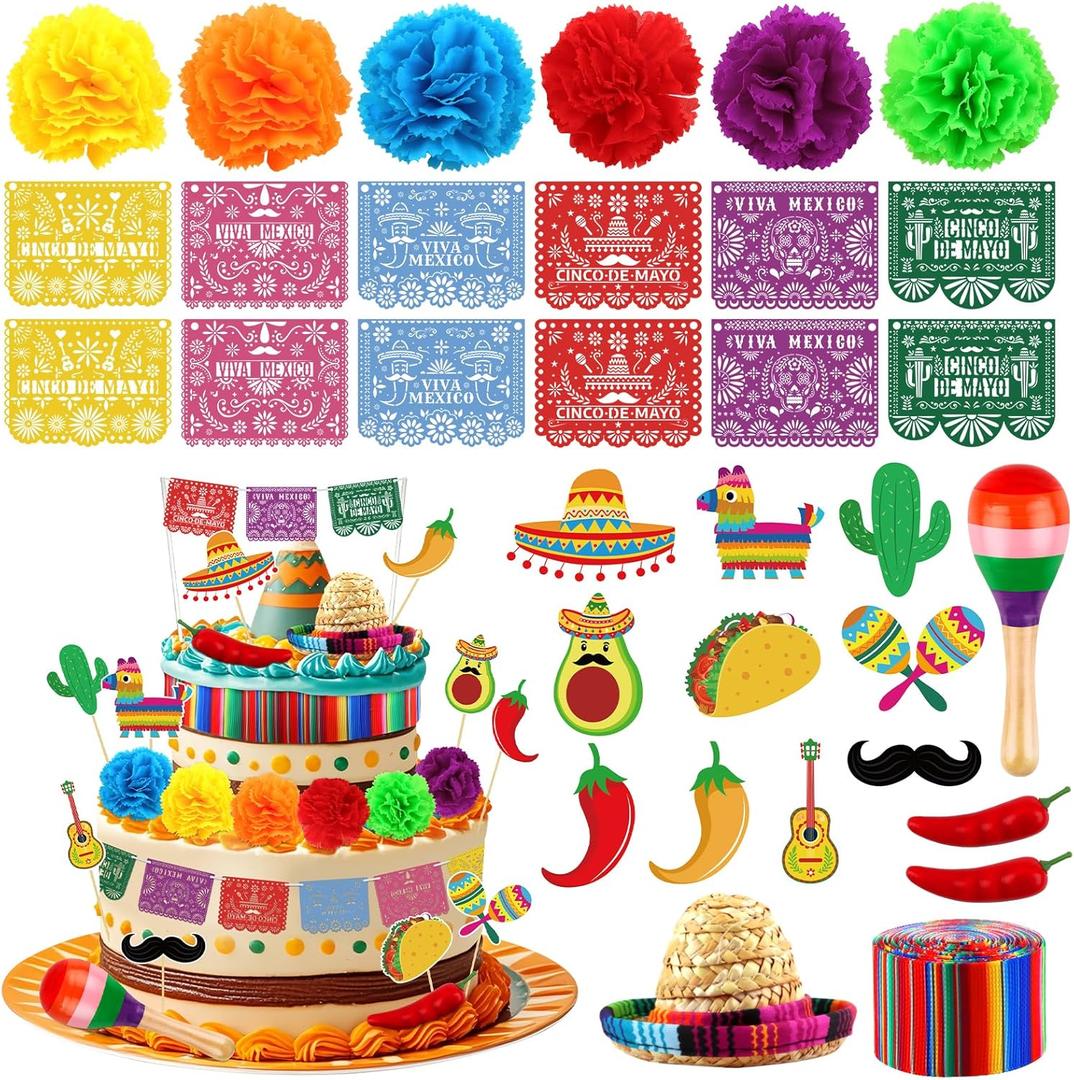 Hooqict 33Pcs Fiesta Cake Decorations Set with Mini Papel Picado Banner, Serape Ribbon, Cactus, Taco and Flower Mexican Cake Toppers & Cupcake Toppers for Cinco de Mayo Mexican Theme Party Decorations