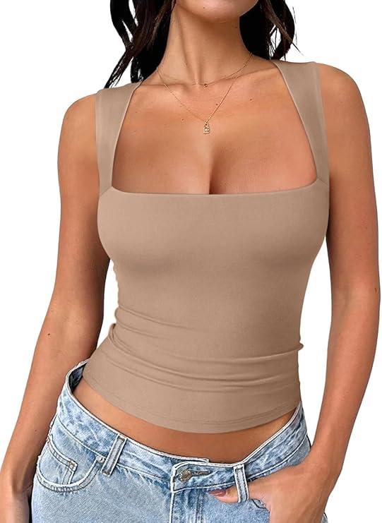 REORIA Butsmooth® Women's Square Neck Going Out Crop Tops Double Lined Cute Basic Tank Tops 2025 Clothes (Large, Khaki)