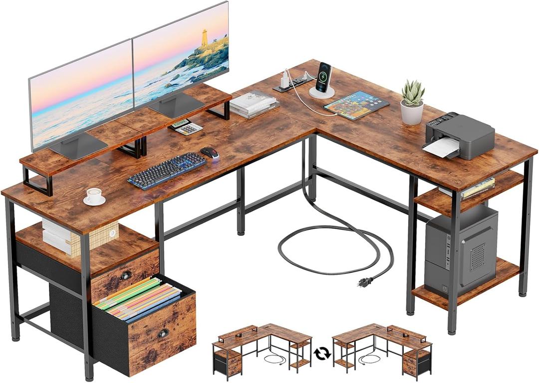 Furologee 66 L Shaped Desk with Power Outlet, Reversible Computer Gaming Desk with File Drawer & 2 Monitor Stands for Home Office with Storage Shelves, Rustic Brown