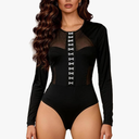 Womens Long Sleeve Bodysuit Mesh Sheer Body Suits Tops One Piece Leotard Shirt Trendy Going Out Tops, Size M