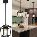 1 Pack Black Pendant Light Fixture Farmhouse Iron Cage Metal Pendant Light Lantern Hanging Light Fixtures with Clear Glass Shade for Kitchen Island, Dining Room, Hallway,Entryway1
