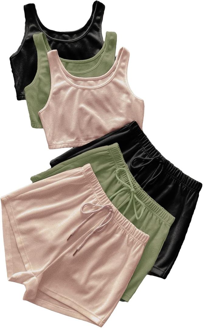 GORGLITTER Women's Summer Lounge Set Soft Athleisure Outfit for Vacation and Casual Wear (Medium, Beige Green Black)