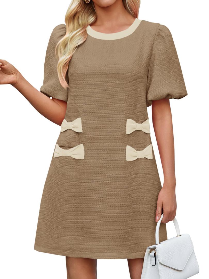 Wenrine Womens Summer Mini Dress Casual Tweed Short Sleeve Bow Work Business Dresses with Pockets Brown, medium