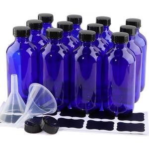 12 Pack 8 oz Cobalt Blue Glass Bottles, 240ml Boston Round Sample Bottles with Black Poly Cone Caps, Labels and Funnels