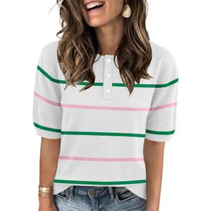 AKEWEI Sweaters for Women Crew Neck Short Sleeve Tops Knit Button Down Shirts Pullover Sweater (White, L)