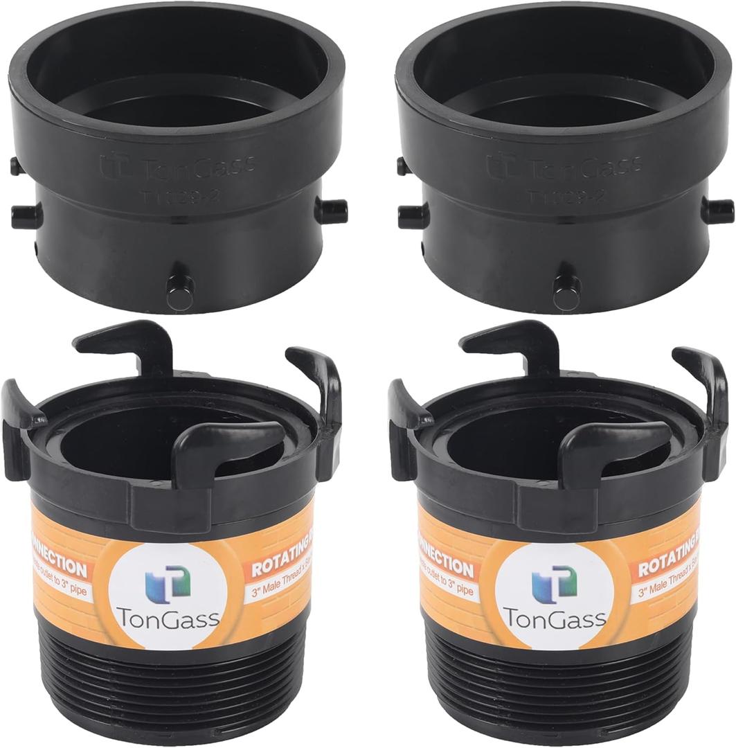 TonGass (2 x Combo Pack, Black) RV Sewer Pipe Adapter, 3" Rotating Rigid Bayonet Adapter with Male Thread & Hooks, Termination Fitting with 3" Bayonet & Hub, RV Sewer Hose Connector for Waste Disposal