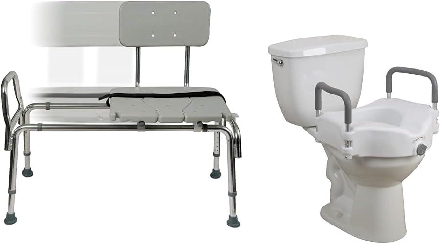 DMI Tub Transfer Bench and Shower Chair with Non Slip Aluminum Body, FSA Eligible & Drive Medical RTL12027RA 2-in-1 Raised Toilet Seat with Removable Padded Arms, Standard Seat