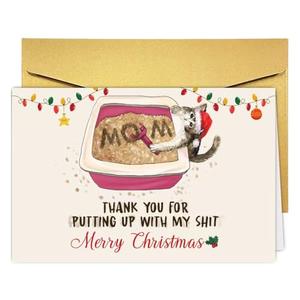 UUEFKTN Funny Mom Christmas Card from Cat, Humorous Cat Mom Christmas Card&Gift for Her, Xmas Thank You Cards Gift for Cats Lover Mommy Wife Mother Women, Pac Of 2