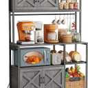 Huuger Large Bakers Rack with Power Outlet, Kitchen Microwave Stand with Cabinets, Coffee Bar Table Station with Storage, 6 S-Shaped Hooks, Mesh Shelves, 45 Inch Wooden Top, Grey