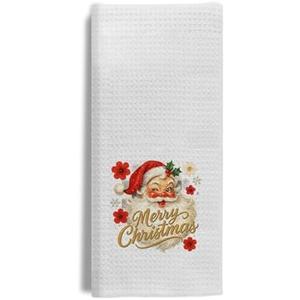 Evcprz Vintage Christmas Santa Kitchen Towels, Merry Christmas Snowflakes Dish Tea Towel for Kitchen, Xmas Red Floral Santa Claus Holiday Decorative Hand Towels for Bathroom, 16x24 Inches, Pack of 2