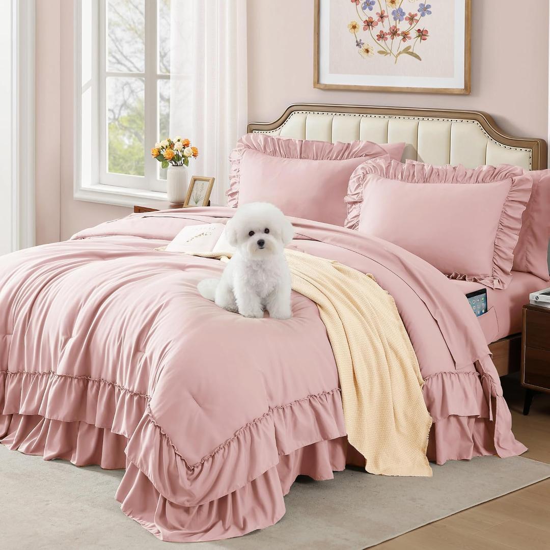 AMBERSPACE Queen Comforter Set Soft Pink, Ruffle Shabby Chic Bedding Set Farmhouse 7 Pieces, All Season Fluffy Bed in a Bag with Sheets, Pillowcases & Shams