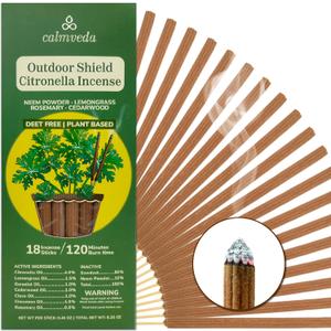 Natural Citronella Incense Sticks Outdoor - (18 Sticks, 40 hrs Protection) for Safety on Patio, Camping etc | DEET Free, Powered with Indian Neem & Essential Oils