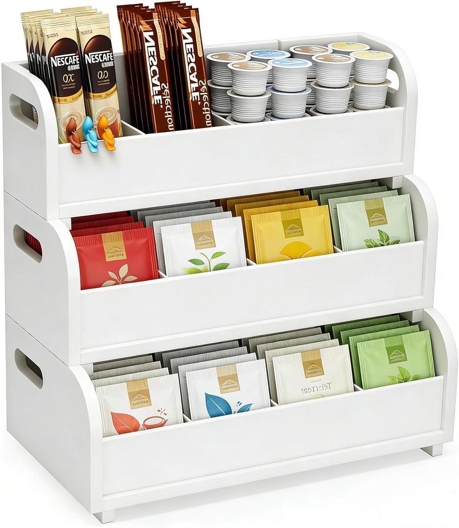 3 Layer Stackable Tea Bags Organizer,Bamboo Tea Organizer Display Rack,Large Capacity Tea Storage Box to Pantry,for Pantry Kitchen Office Coffee Station Restaurants Bars (white)
