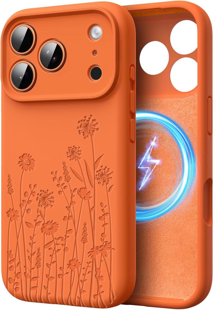 Magnetic Liquid Silicone Case for iPhone 17 Pro Max Compatible with Magsafe, Fall Engraved Floral Design Shock Proof Heavy Duty Protection Hard Phone Case for Women Girls, Orange