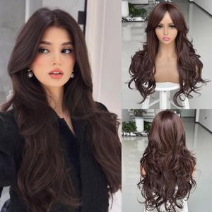 Dark Brown Long Wigs for Women Layered Wavy Wig with Curtain Bang Synthetic Dark Brown Wavy Natural Looking Layered Butterfly Blonde Hair for Black White Women Daily Party Use 4# 24Inch