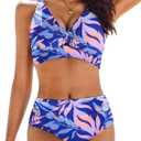 AI'MAGE Bikini Set for Women Ruched High Waisted Two Piece Swimsuit Twist Front Cut Out Adjustable Straps Bathing Suit (Medium, Blue/Tropical)