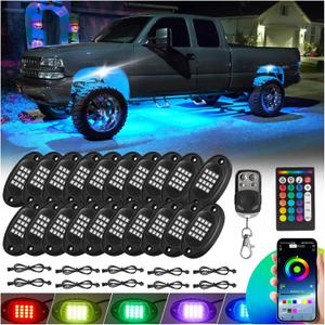 20 Pods RGB LED Rock Lights for Semi Trucks Offroad Pickup Trailer Sedan Boat, 12V Waterproof Dual Zone APP/RF Control Music Mode Brake Light Red Green Blue Underglow Neon Kit with Extension Wires