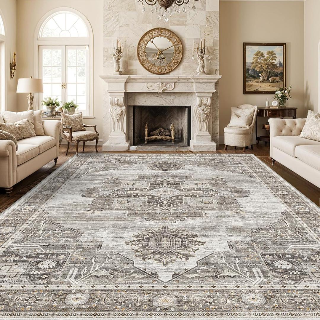 Living Room 10x14 Area Rugs - Washable Lightweight Area Rug Stain Resistant Carpet Vintage Soft Rugs for Bedroom with Non Slip Backing Indoor Ultra-Thin Rugs Home Decor 10x14 Grey