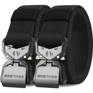 Tactical Belt for Men 2-Pack, Military Style Stretch Nylon Work Hiking Belts, 1.5" Elastic Web Quick-Release Belt (Black, M)