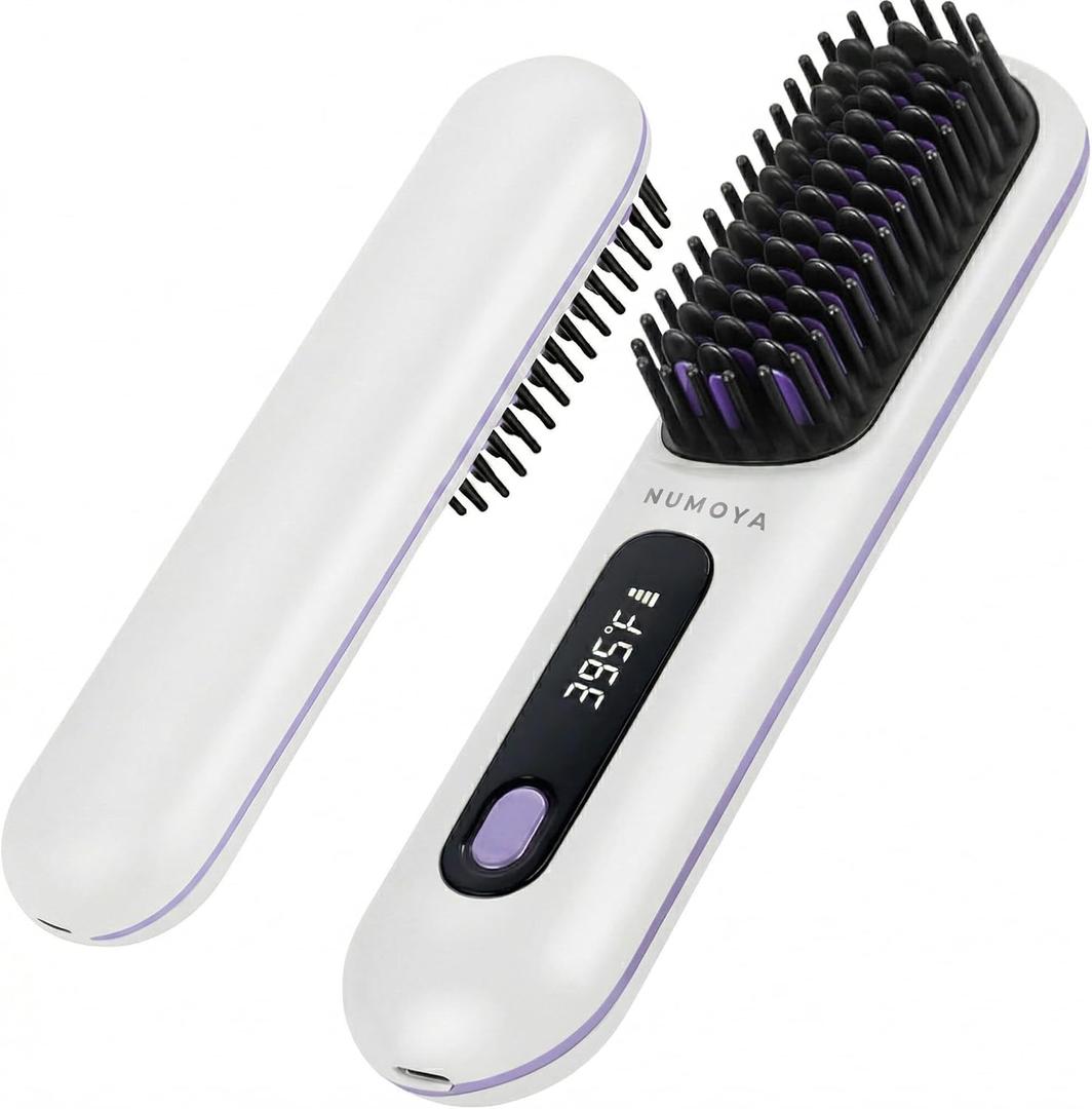 NUMOYA Go Brush Pro Portable Cordless Hair Straightener Brushs for Travel, with 30s Fast Heat, 3 Temperature Settings (White)