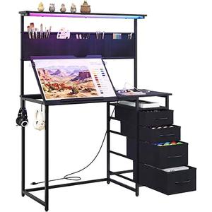 QZJIKE Drafting Table with Storage Drawers & Shelf Adjustable Tilting Art Craft Desk Drawing Painting Sketching Multifunctional Workstation for Home Office