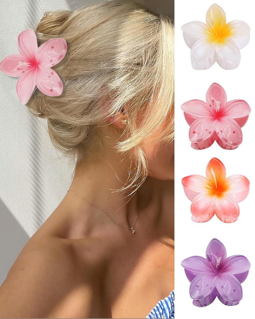 Flower Hair Claw Clips-4PCS for Thick Hair,Strong Hold Nonslip,Hawaiian,Cute Large Hair Clips,Banana Clip for Thin Hair,Hair Accessories for Women Girls Holiday Gifts (A-4pcs large colorful