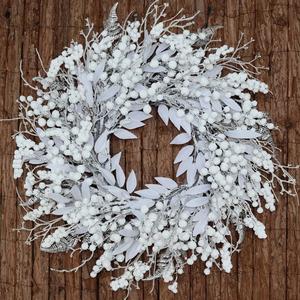 24 Inch Snow Flocked White Berry Winter Wreath with Twig & Leave- Artificial Christmas Wreaths for Front Door Porch Wall Window Porch Fireplace Outdoor Decor