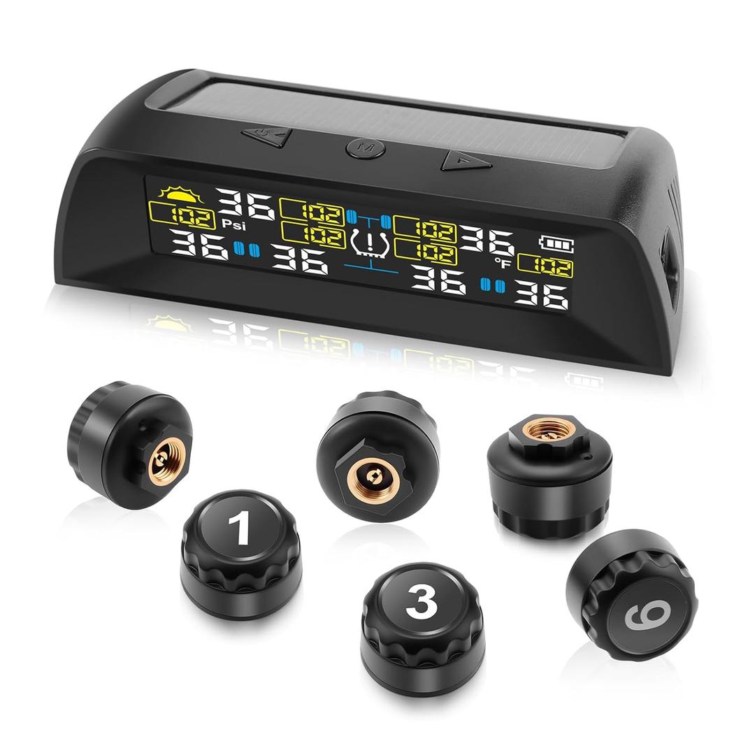 Trailer Tire Pressure Monitoring System, Solar-Powered Tire Pressure Monitor for RV, TPMS with 6 Sensors & 6 Alarm Modes, Auto On/Off, Real-Time Pressure & Temp Monitor for RV/Truck/Trailer(0-144 PSI)