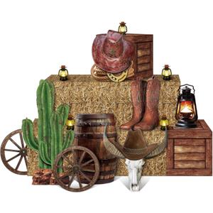16 Pcs Western Cowboy Party Decorations 6 Hay Bales Boxes Wooden Print Boxes Wagon Wheels and Western Cowboy Centerpieces Decor for Photo Booth Props Farm Cowgirl Birthday Party