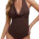 REORIA Womens Sexy Cowl Neck Halter Body Suits Summer Open Back Bodysuit Tank Tops (Brown, XXL)