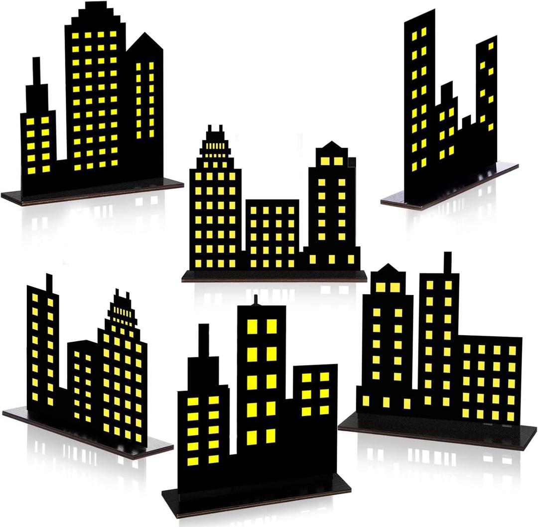 6 Pcs Skyscraper Party Decorations Wooden Skyscraper Table Decorations City Skyline 3D Silhouette Centerpiece Sign Decor for Hero Theme Comic Birthday Party Supplies