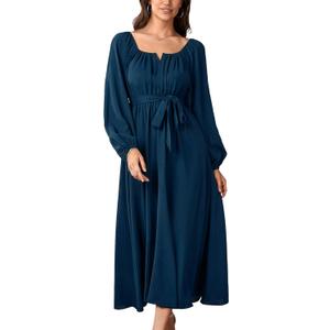 SCOMCHIC Maxi Dresses for Women Long Sleeve Square Neck Wedding Guest Cocktail Belted Elegant Flowy A Line Long Dress Blue Large