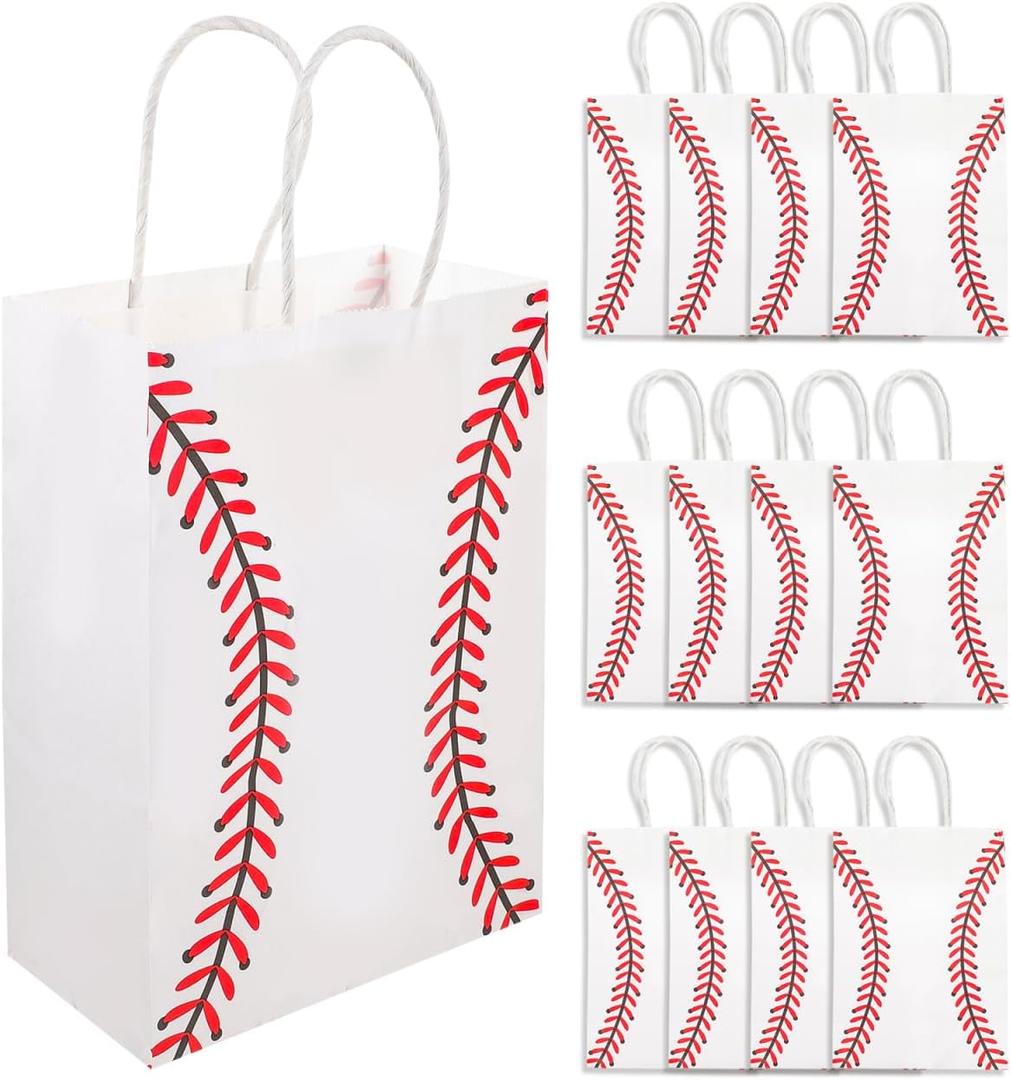 2 x STOBOK 12Pcs Baseball Party Favor Bags White Paper Bags with Handles for Sports Themed Birthday Party, Team Celebrations, Baby Shower, Snacks, Gifts, and Treats Storage