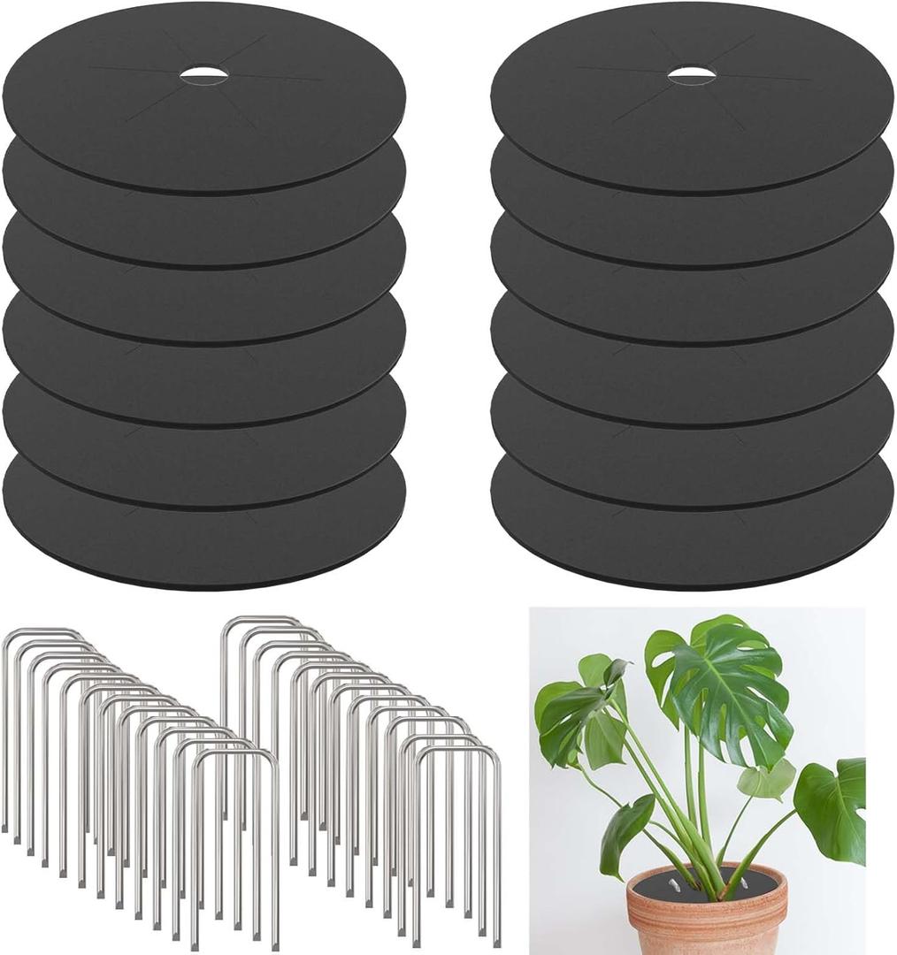 5mm Thick Felt Mulch Tree Ring Mat - Cat & Dog Resistant Plant Protector with Ground Stakes, Indoor/Outdoor Waterproof Weed Barrier for Potted Plants -12.6in(12pcs*Tree Ring+48pcs* Stakes)
